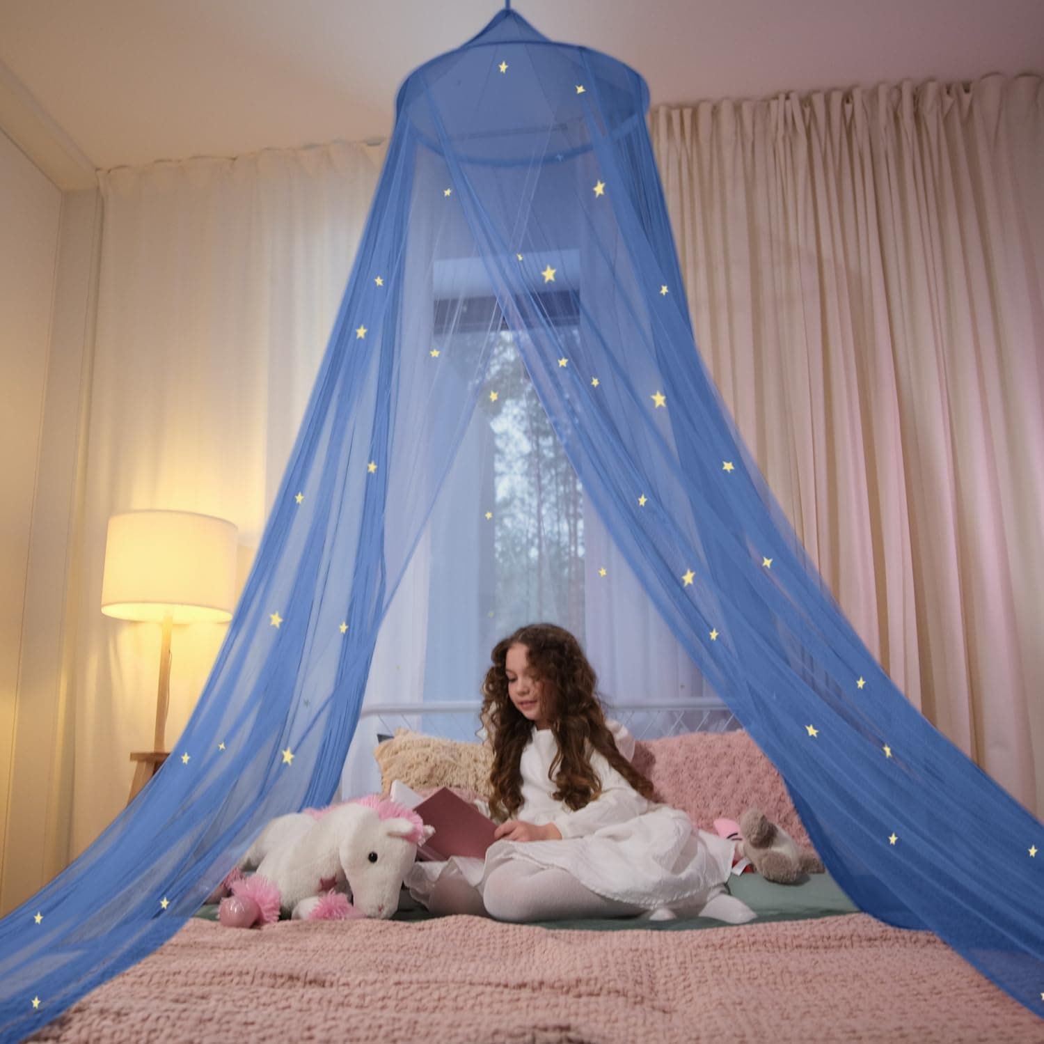 Blue Canopy Bed, Blue Bed Canopy with Glow in The Dark Stars for Girls, Boys, Kids and Babies, Net Use to Cover The Baby, Kid, Girls Or Full Size Bed, Fire Retardant Fabric