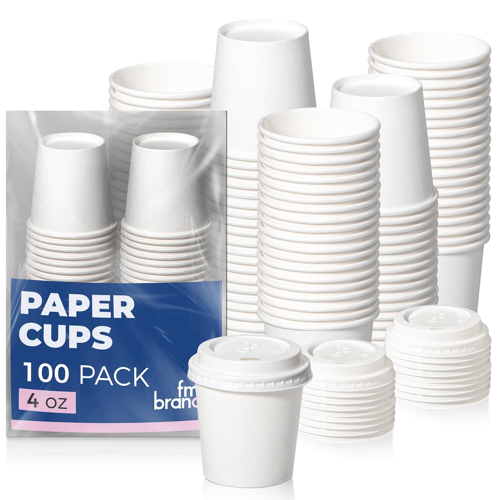 Fit Meal Prep 100 Pack 4 oz Disposable Coffee Cups with Lids, Premium To Go Paper Cups, Leak Proof Hot Coffee Cups for Travel, Office, Hot/Cold Beverages (White Lids)