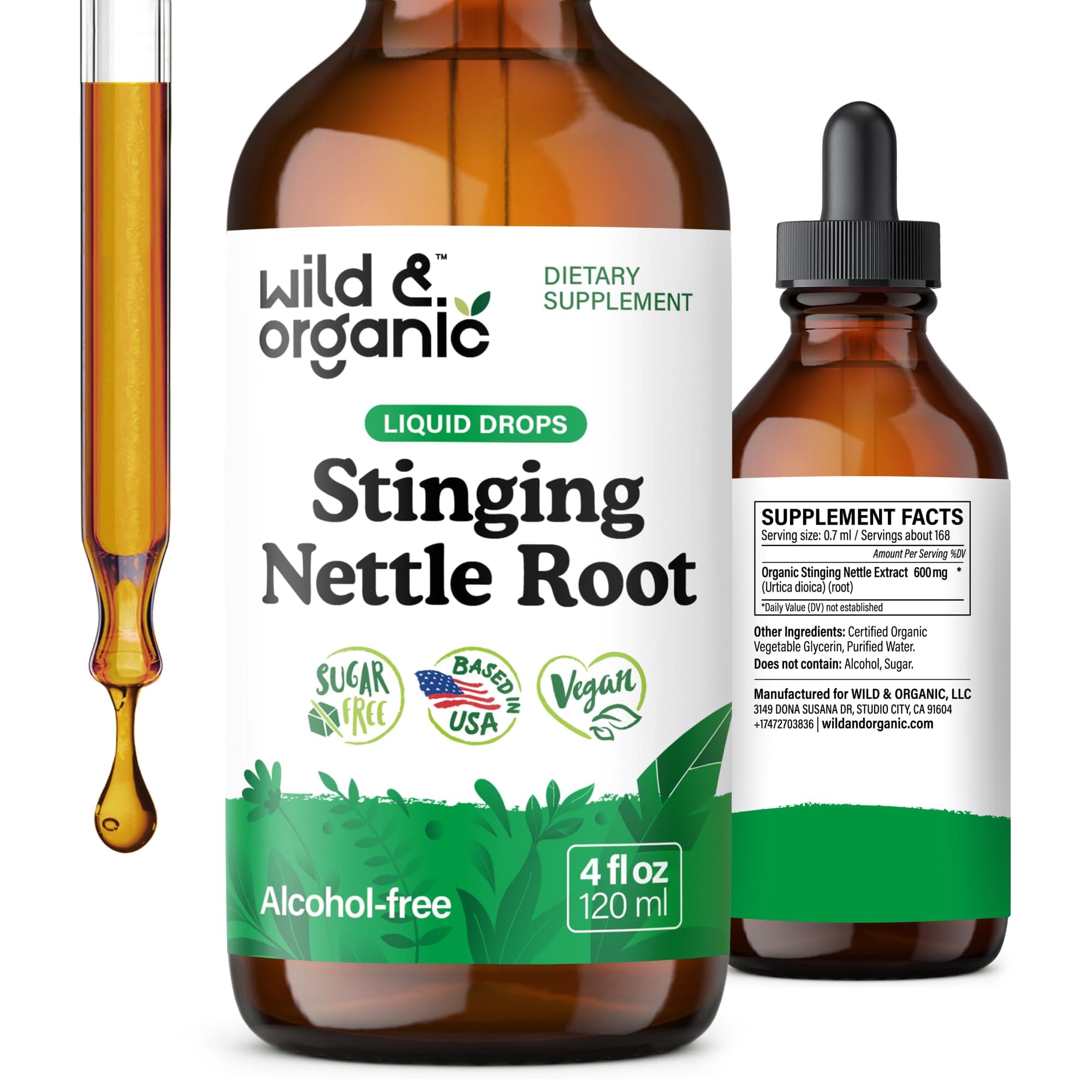 Wild & Organic Stinging Nettle Root Extract Drops - Urinary Support - Stinging Nettle Tincture for Men & Women - Add to Tea - Liquid Urtica Dioica Supplement - Vegan, Sugar & Alcohol-Free - 4 fl oz