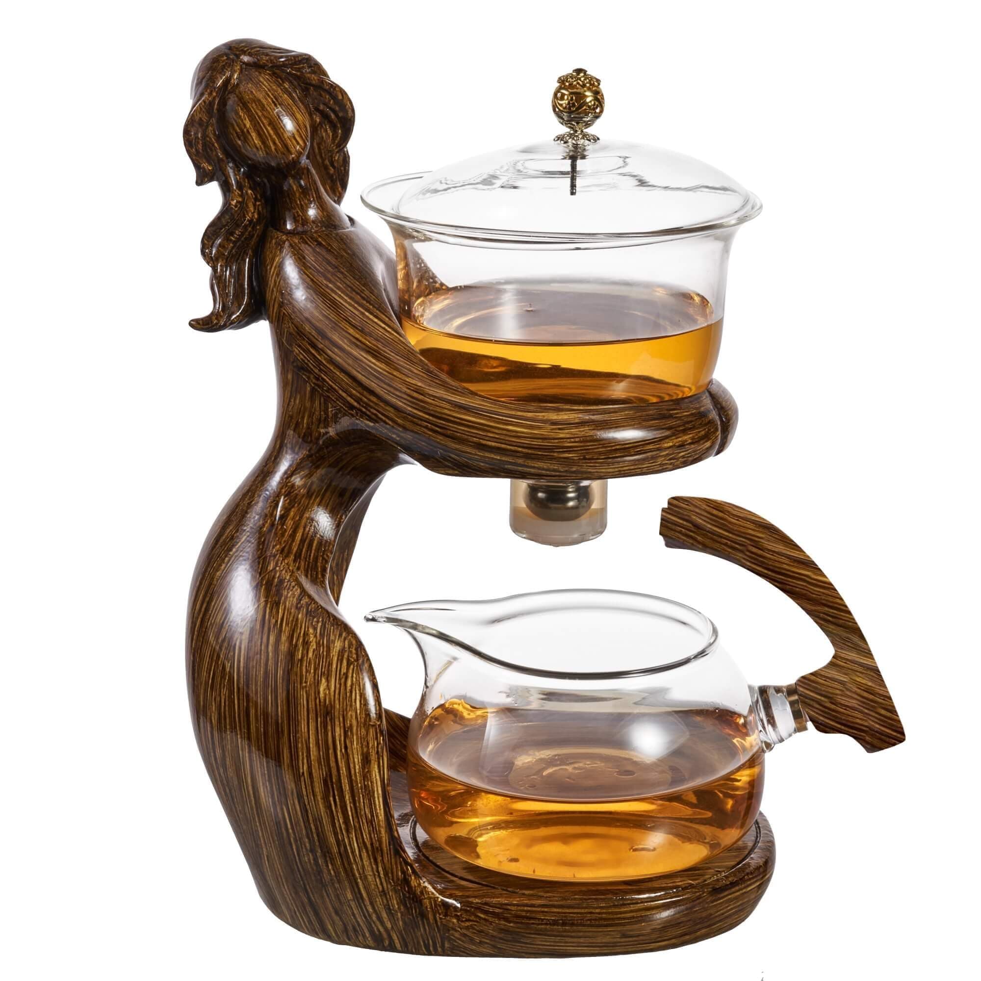 Glass Kungfu Teapot Set Tea maker with Infuser Semi Automatic Tea Set with 6 Small Cups (Brown)