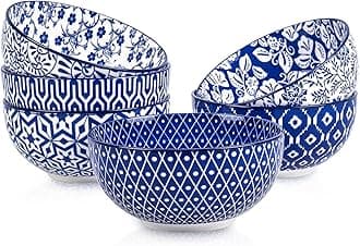 Selamica Ceramic Cereal Bowls Set, 680 ml Dessert Bowls, Soup Bowls for Kitchen, Bowl Set for Salad, Pasta, Oatmeal, Ramen, Microwave and Dishwasher Safe, Set of 6, Vintage Blue