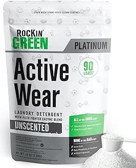 - Rockin’ Green Active Wear Laundry Detergent - Unscented Laundry Detergent Powder & Odor Eliminator - Workout Clothes & Sportswear - Safe for Sensitive Skin - 90 Loads