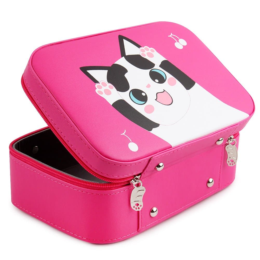 Women Professional Makeup Train Case Cat Pattern Mirror Cosmetic Storage Organizer Travel Bag (Rose-A)