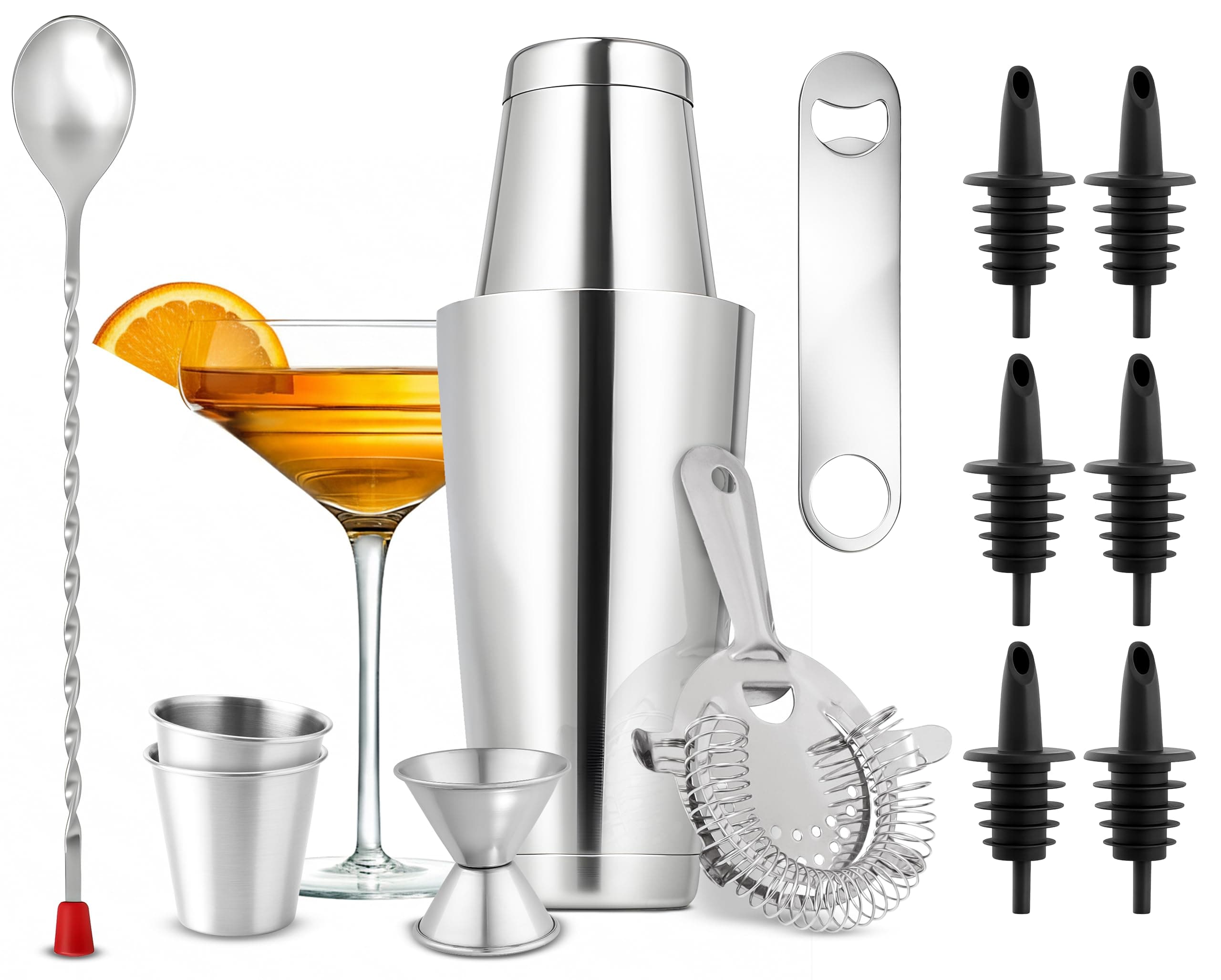 Mixology Bartender Cocktail Shaker Set - Includes 15 & 30 oz Stainless Steel Shakers, 6 Bottle Pourers & More - Essential Martini Making Kit - Drink Mixing Set - 15 Piece Cocktail Bar Set