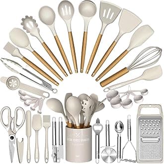 Umite Chef Cooking Utensils Set- Khaki Silicone Kitchen Utensils Set, 34PCS Heat Resistant Kitchen Gadgets Tools Set with Grater, Wooden Handle Kitchen Utensil Spatula Set for Nonstick Cookware