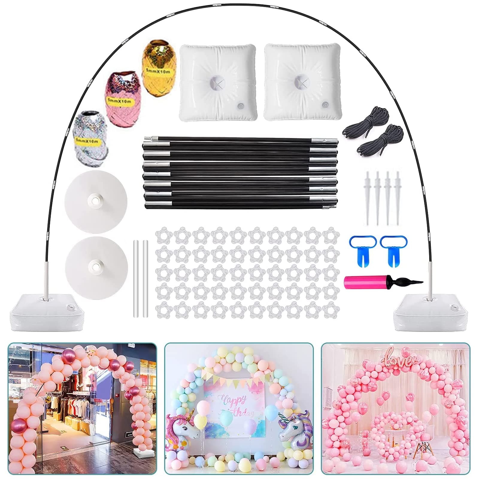 Balloon Arch Kit, 10FT Wide Adjustable Balloon Arch Stand Set with Water Fillable Base, 50pcs Balloon Clip, Balloon Strip, Tie Tool, for Wedding Birthday Party Decoration
