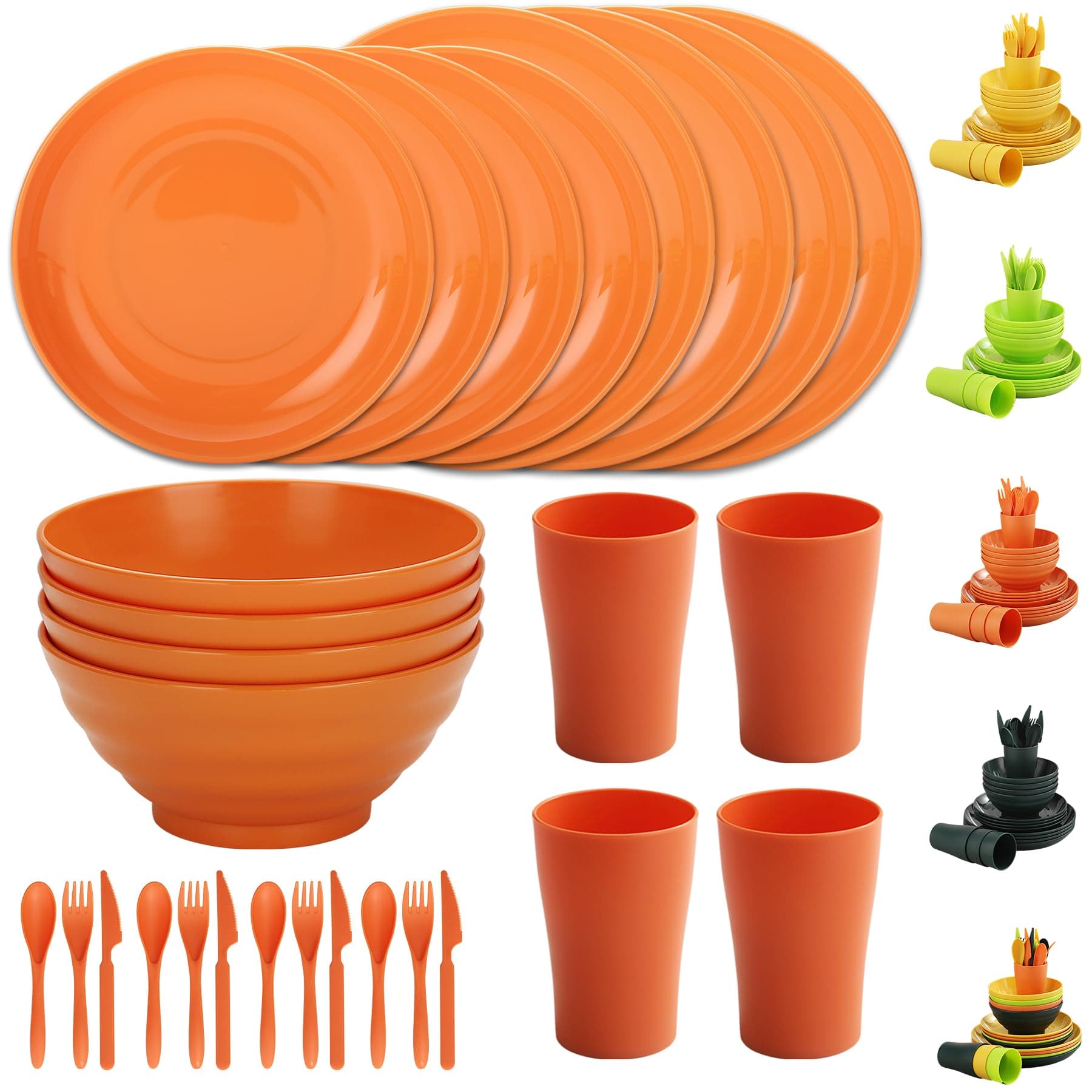 EvandaPlastic Dinnerware Set 28 Piece, Reusable Light Weight Mugs, Bowls, Dishes, Knives, Forks, Spoons for Camping Picnics and Everyday Use, Dishwasher Safe (Orange)