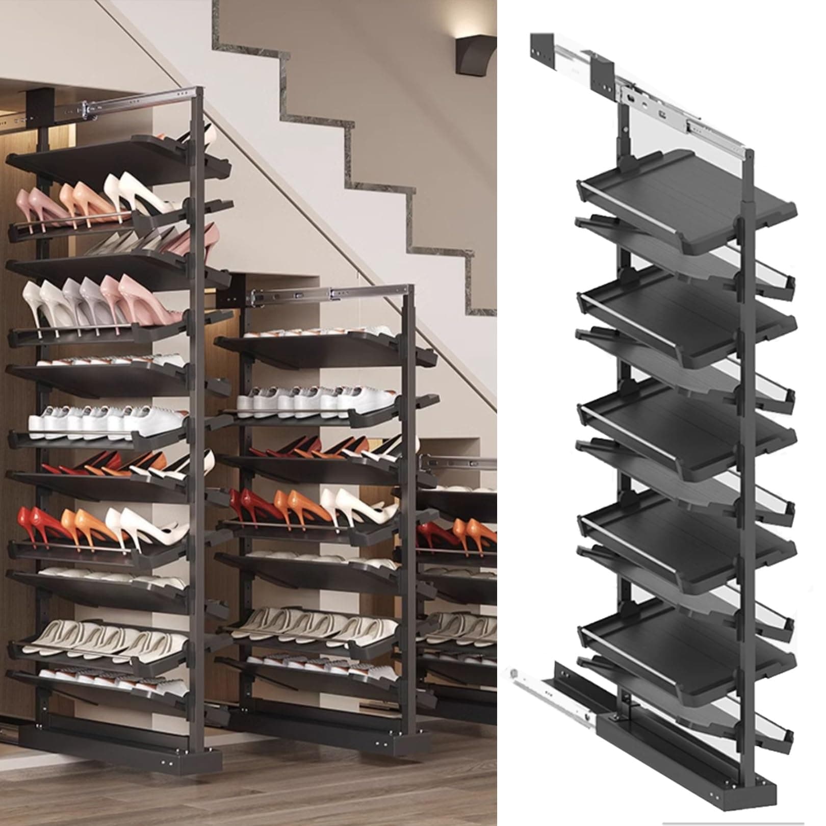 Pull-Out Shoe Rack Organizer for Closet Shoe Cabinet,Adjustable Height Retractable Metal Stackable Shoe Rack, Vertical Shelf Organizer for Small Bedroom Closet, Space Saving Storage, Black(80cm,10 Tie