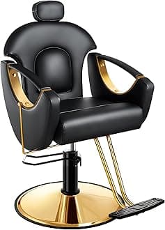 Baasha Ergonomic Reclining Hair Salon Chair, Gold Styling, Removable Headrest, 360 Swivel, Black
