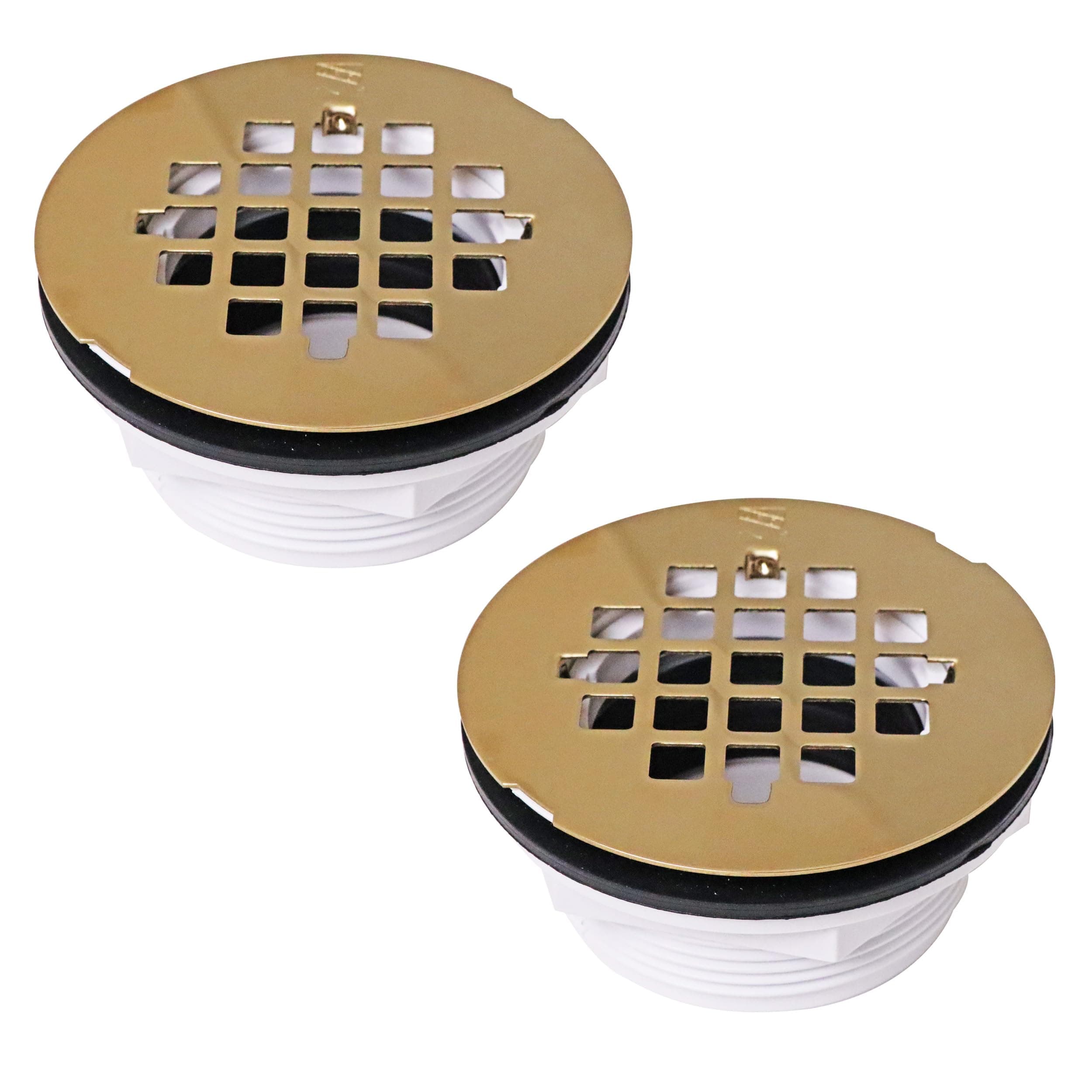 D206P-2-01 2" No-Caulk PVC Compression Shower Drain with 4-1/4" Round Grid Cover, Polished Brass (2-Pack)