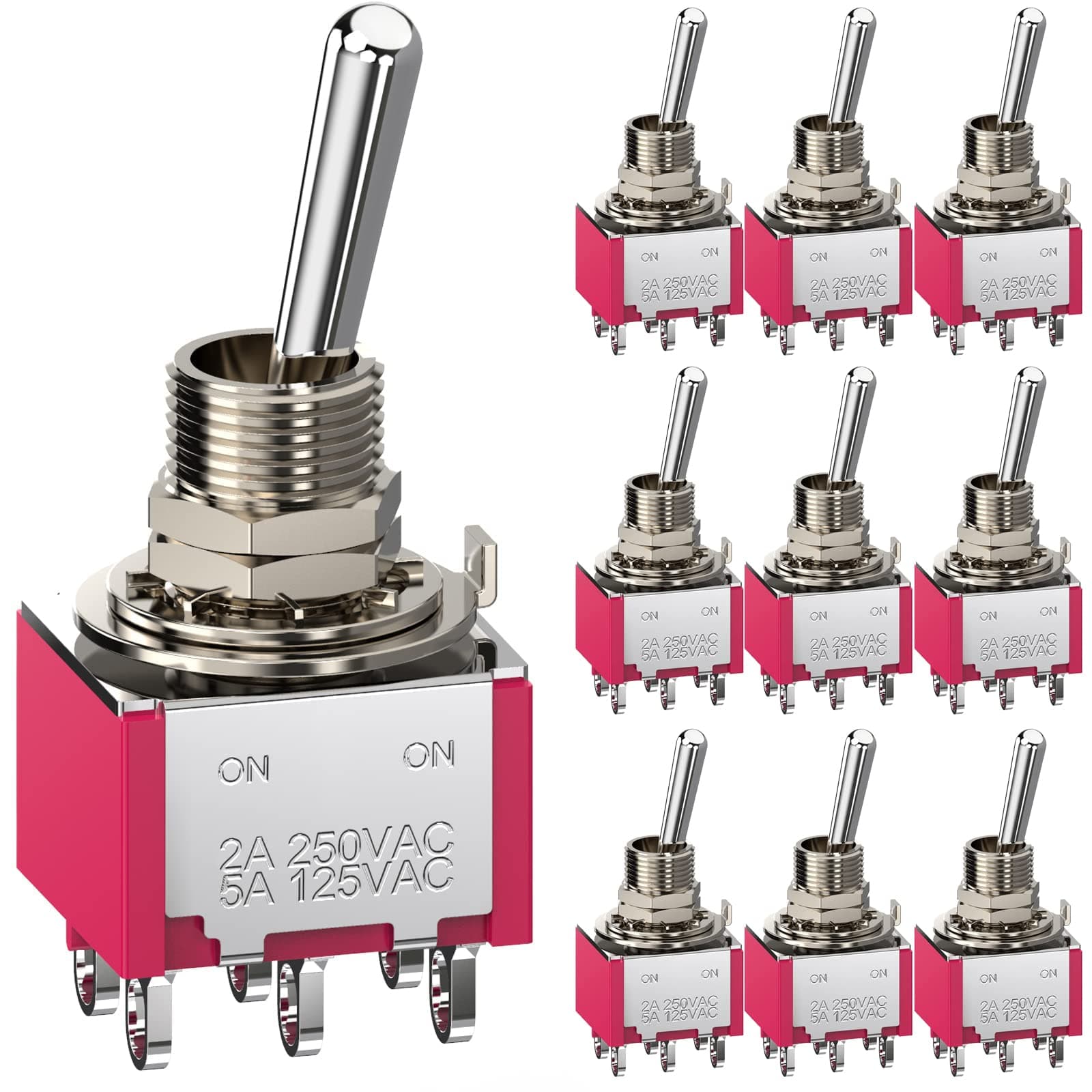 Toggle Switch AC 5A/125V 2A/250V 6 Pin Terminals On/On 2 Position DPDT Toggle Switch Mini Miniature Toggle Switch Car Dash Dashboard,10Pcs