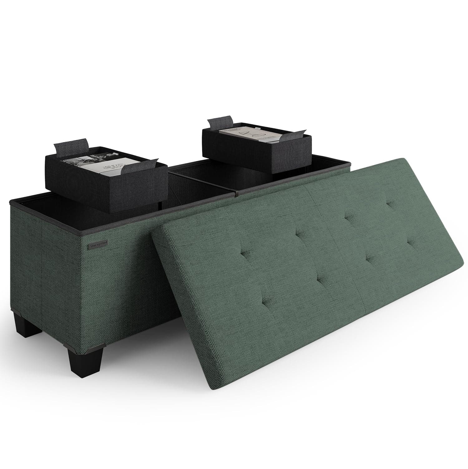 STORAGEBUD Storage Ottoman Bench with Bins, 43-in Storage Bench for Bedroom End of Bed, Folding Foot Rest Ottoman for Living Room Max 660lbs, Fabric Ottomans, Green