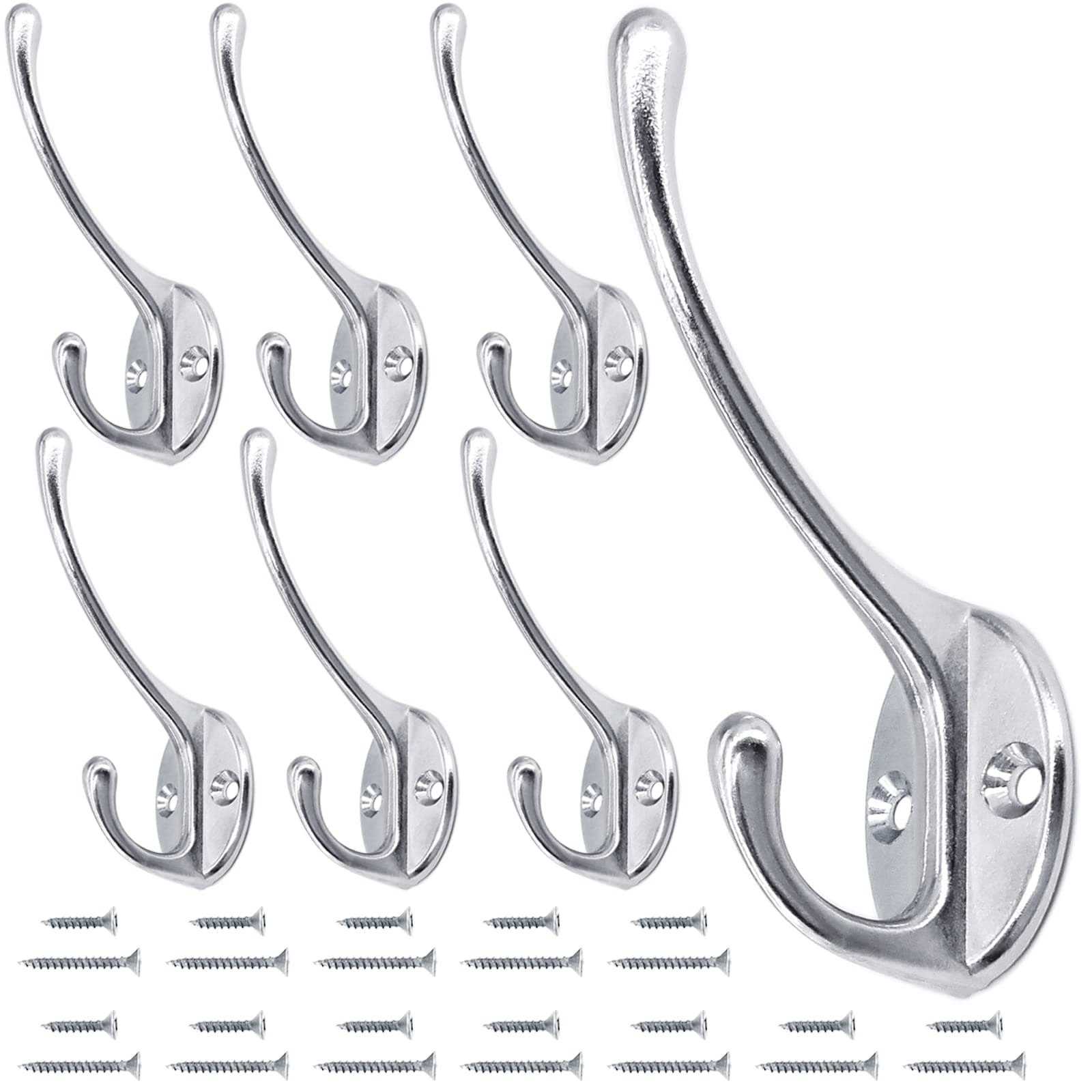 Gorffy Coat Hook, 6Pcs Silver Coat Hooks with Screws, Vintage Metal Coat Hooks for Wall & Door, Heavy Duty Coat Hooks Wall Mounted for Hanging Coat, Hat, Scarf, Robe & Bag (Silver, 6Pcs)