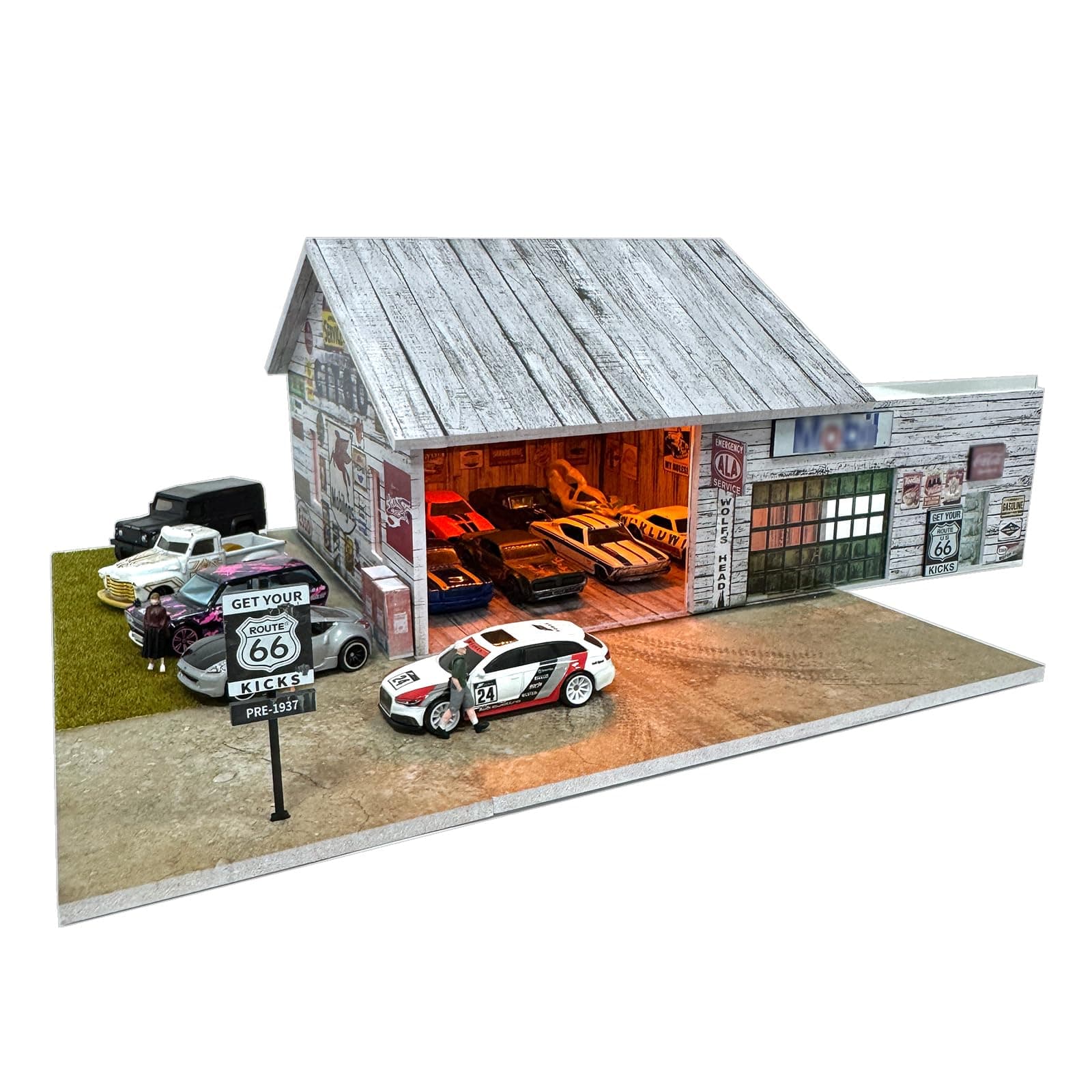 1/64 Diorama Display Case Garage with LED Lights - Compatible with Hot Wheels Matchbox Mini GT Diecast Cars, for 1:64 Model Car Display and Show Off (Warehouse)