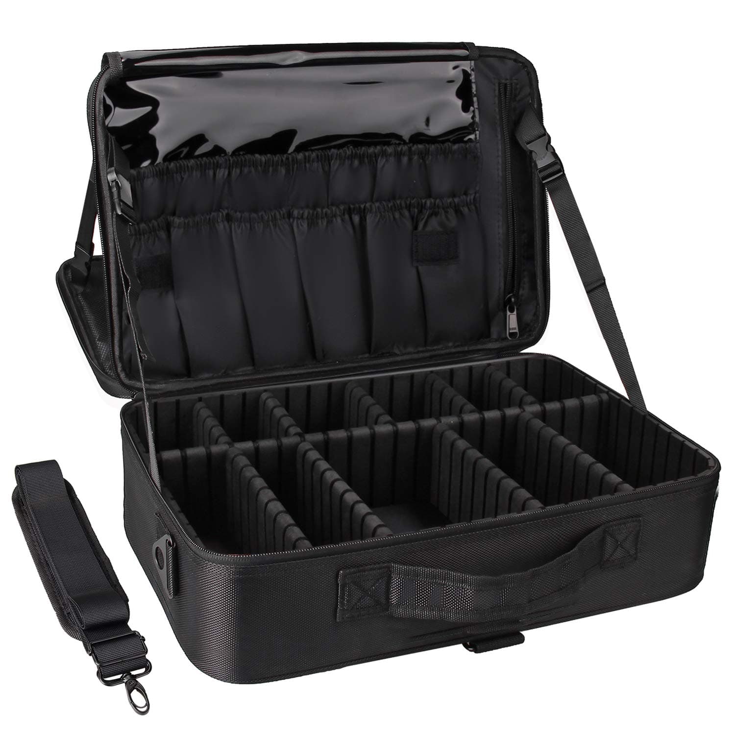 Relavel Makeup Train Case 3 Layers Large Size Professional Cosmetic Organizer Makeup Artist Box with Adjustable Shoulder (Large, Black), Black