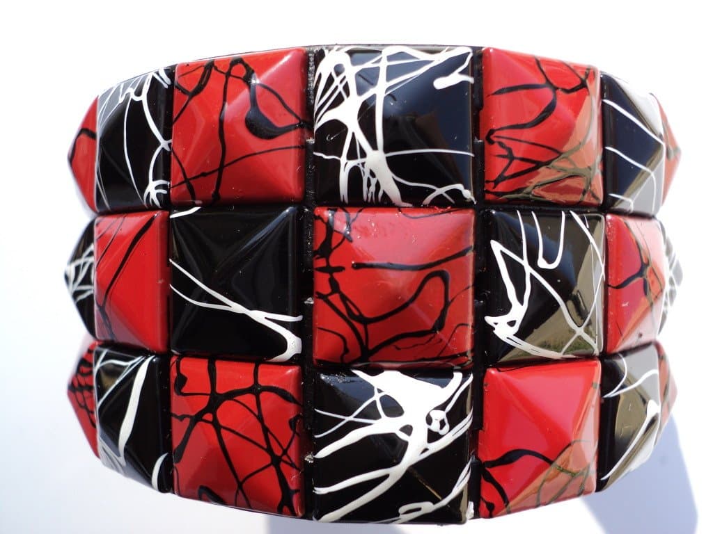 Red/Black Line Checkered Studded Black Leather Bracelet