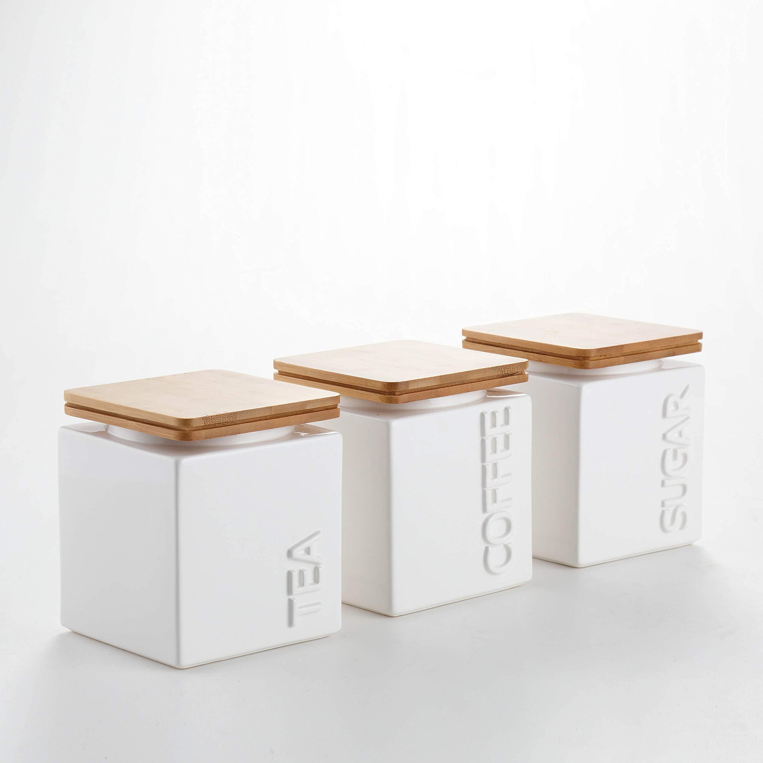 Ceramic Canister Set for Kitchen - 3-Piece White Coffee, Tea and Sugar Jars with Bamboo Lids - Square Elegant Design - Airtight Sealed Silicone Gasket - Original Gift