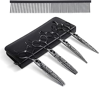 Professional 6 in 1 Dog Scissors Set - Thinning Shear, Straight Scissor, Chunker, Down-curved Shears and Comb for Cat Pet (Black, 7")
