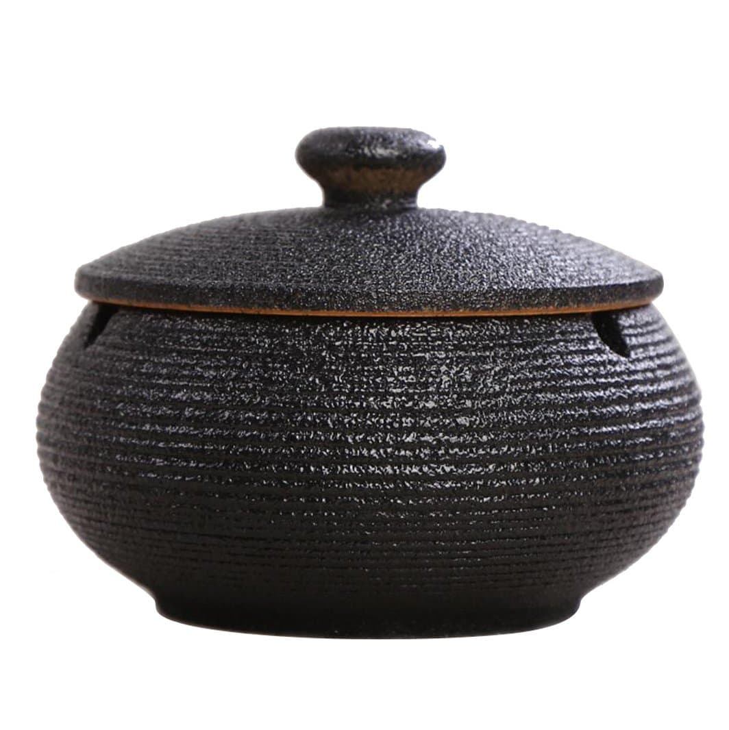 Ceramic Ashtray with Lid,Windproof,Ash Holder for Smokers,Desktop Smoking Ash Tray for Home Office Decoration Black
