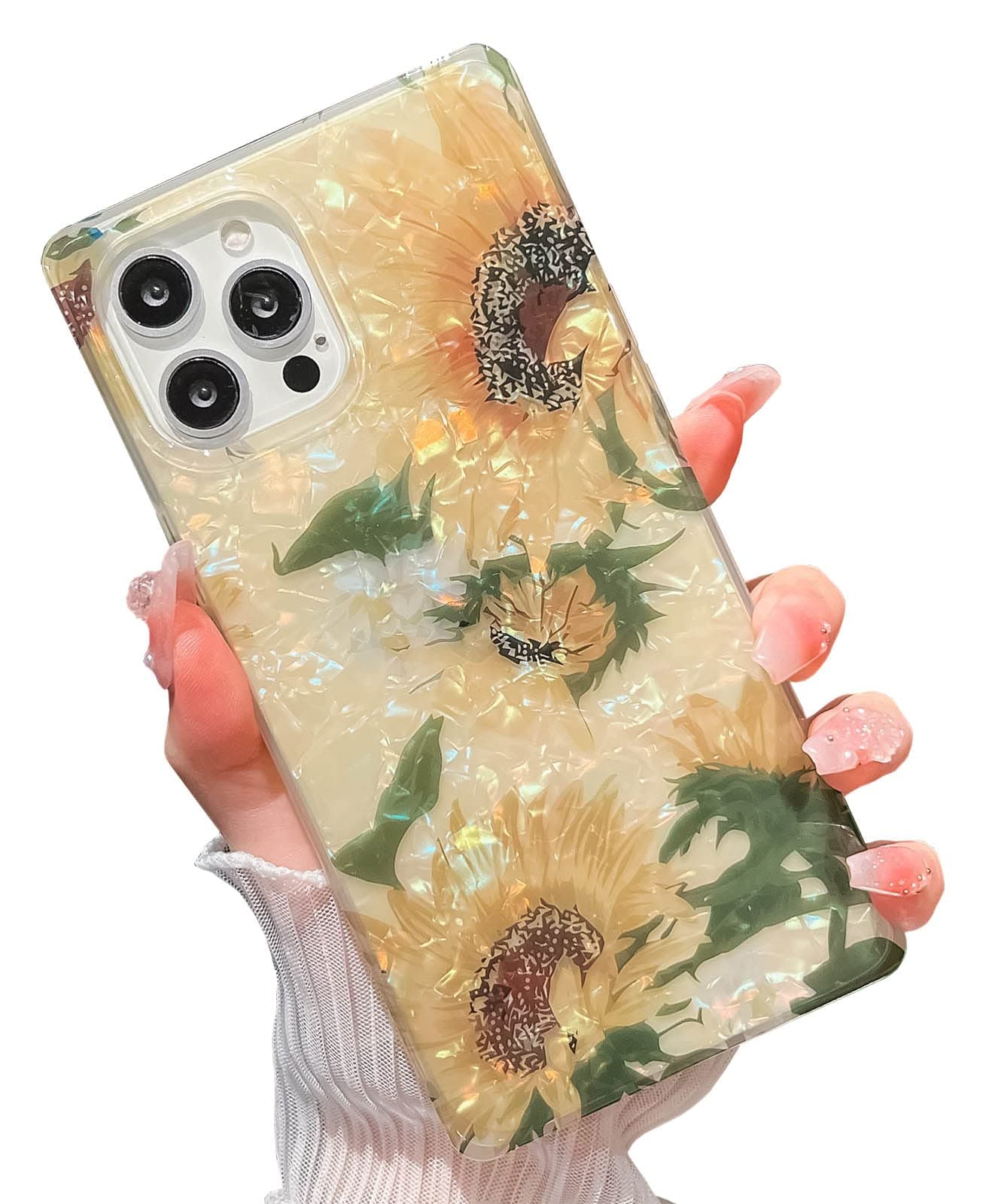 KERZZIL Cute Pearl Coloful Compatible with iPhone 13 Pro Max Square Edge Case,Chic Slim Translucent Soft TPU Silicone Protective Cases Cover(Sunflower), Sunflowers
