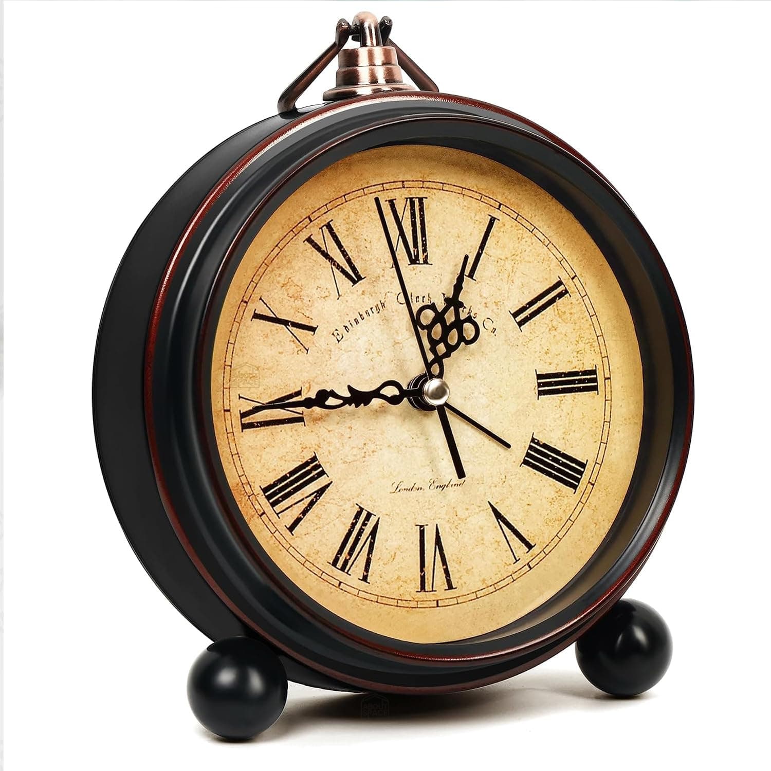 ABOUT SPACE Vintage Alarm Clock Round Silent Analog Table Clock Non-Ticking with Roman Numerals, Hanging Hook - Battery Powered for Home Office Students Kids Bedroom - Metal, 13 x 17.5 Cm
