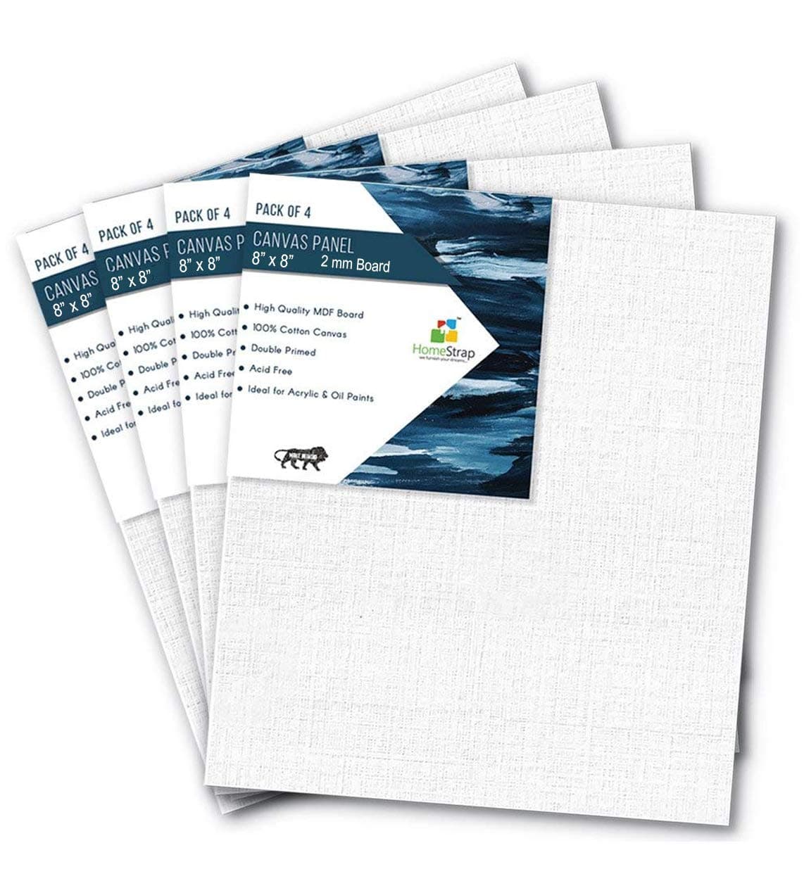 Homestrap Cotton Canvas Board Medium Grain 2MM Board- Pack of 4 - White 8 x 8 Inches (Pack of 4)