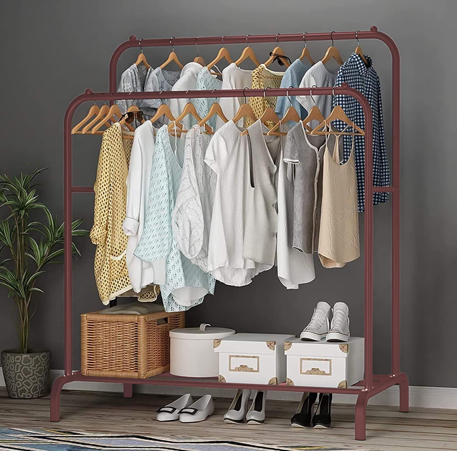 Lukzer Multipurpose Metal Double Garment Rack with 2 Bottom Shelf | Heavy-Duty Cloth Rail, Coat & Jacket Hanger | Unique Display Stand (Rose Gold, 56 x 110 x 148 cm, MGS-002)