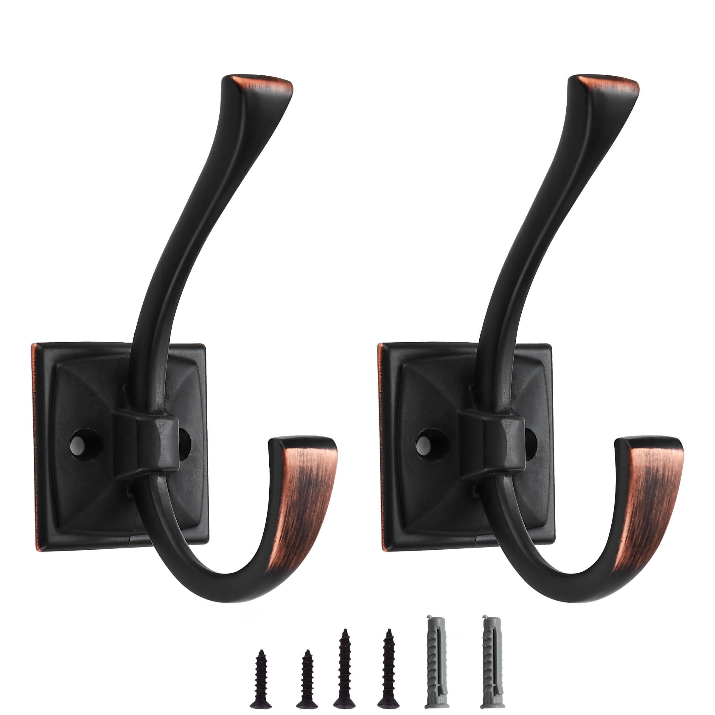 2 Pack Decorative Heavy Duty Towel Hooks for Hanging Robe Double Oil Rubbed Bronze Coat Hooks Wall Mounted with Screws for Key, Towel, Bags, Cup, Hat