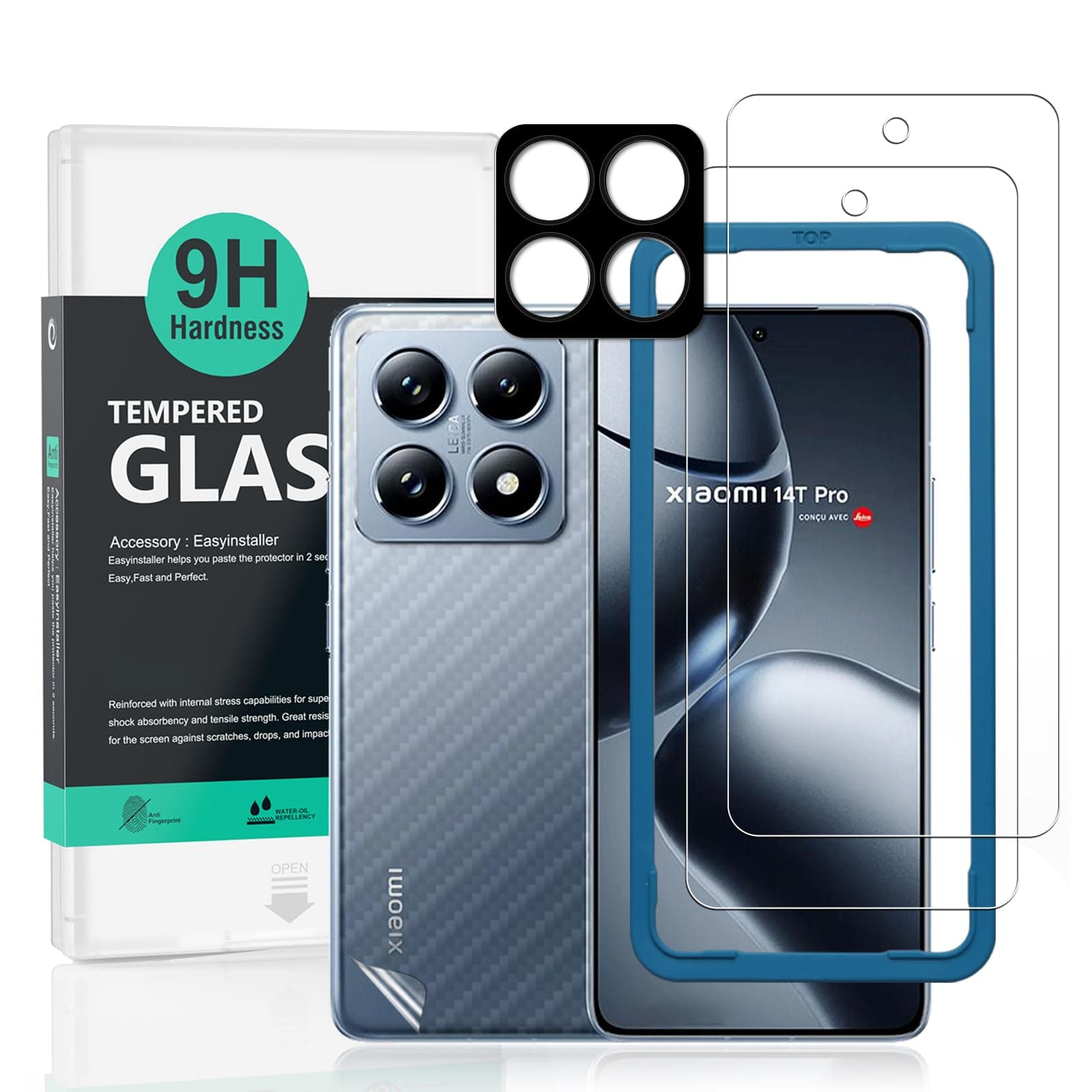 2 Pack Screen Protector For Xiaomi 14T Pro 5G 6.67",9H Hardness Tempered Glass,With 1Pc Camera Lens Protector,1Pc Back Carbon Fiber Film,Easy to install