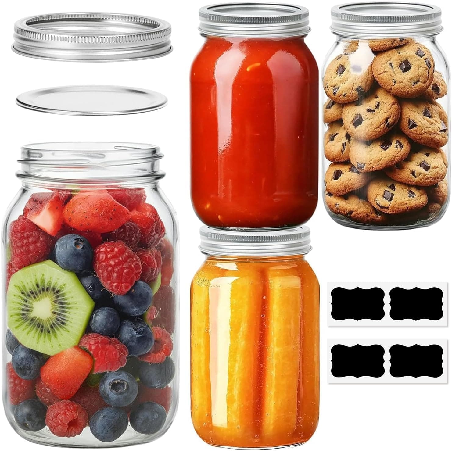 ComSaf Wide Mouth Mason Jars with Lids 960ml, 4 Pack Pickling Jars for Home Cooks Making Jam and Preserves, Large Glass Jars for Ferments, Overnight Oats and Fresh Storage, Includes Ring & Labels