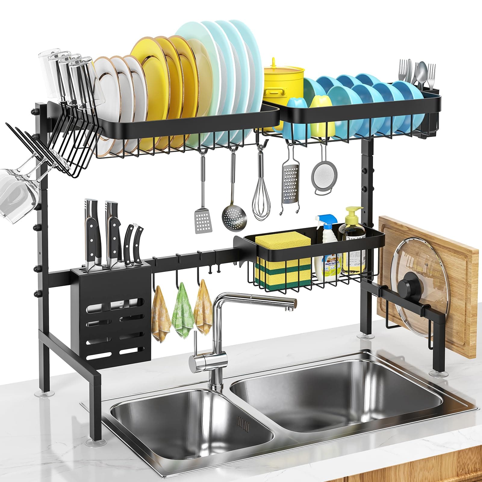MERRYBOX Large Over The Sink Dish Drying Rack (33.4"-41.3") 2 Tier Length Adjustable Dish Drainer for Kitchen Sink Auto Drainage Space Saving Kitchen Organizer, Black