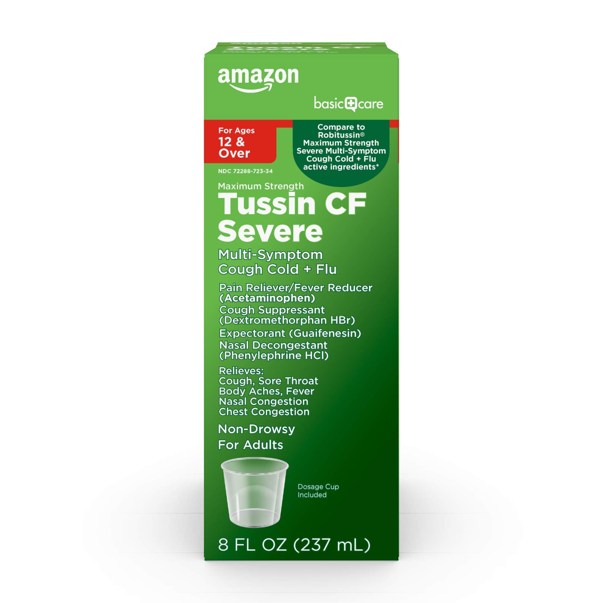 Amazon Basic Care Tussin Severe CF Max, Multi-Symptom Cough, Cold and Flu Liquid Medicine; Non-Drowsy; Relieves Cough, Sore Throat, Body Aches, Fever, Nasal and Chest Congestion, 8 Fluid Ounces