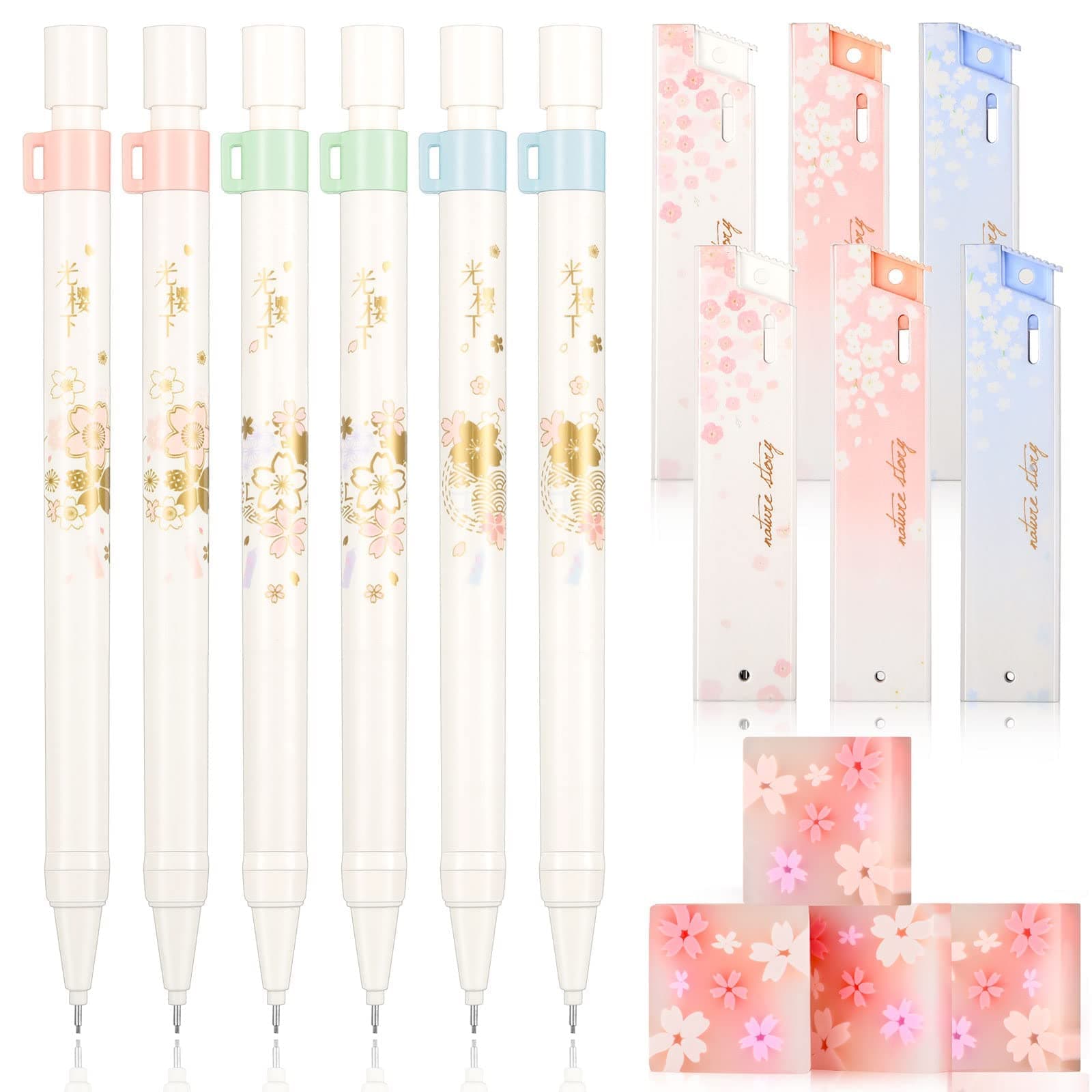 Cherry Mechanical Pencil Set Include 6 Pcs Japanese Kawaii Automatic Drafting Pencil with 6 Tubes Pencil Refill and 4 Pcs Cute Cherry Erasers for Sketching Architecture Drawing (0.7 mm)