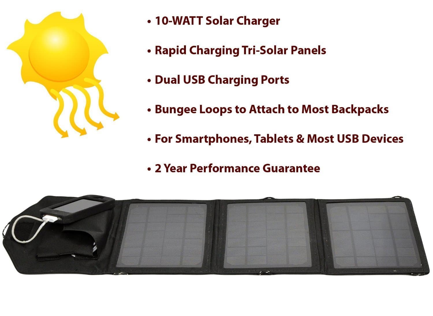 Opteka SP-10W Universal 10-WATT Triple-Panel Rapid Solar Charger with 2 USB Ports for 47st Photo Kindle Fire, Fire HD, Paperwhite, & Ink Tablets