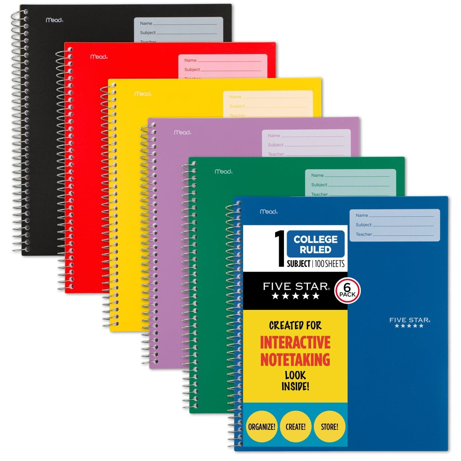 Five Star Interactive Notetaking Spiral Notebooks, 6 Pack, 1 Subject, College Ruled Paper, 11" x 8-1/2", 100 Sheets, Assorted Colors (820019-ECM)