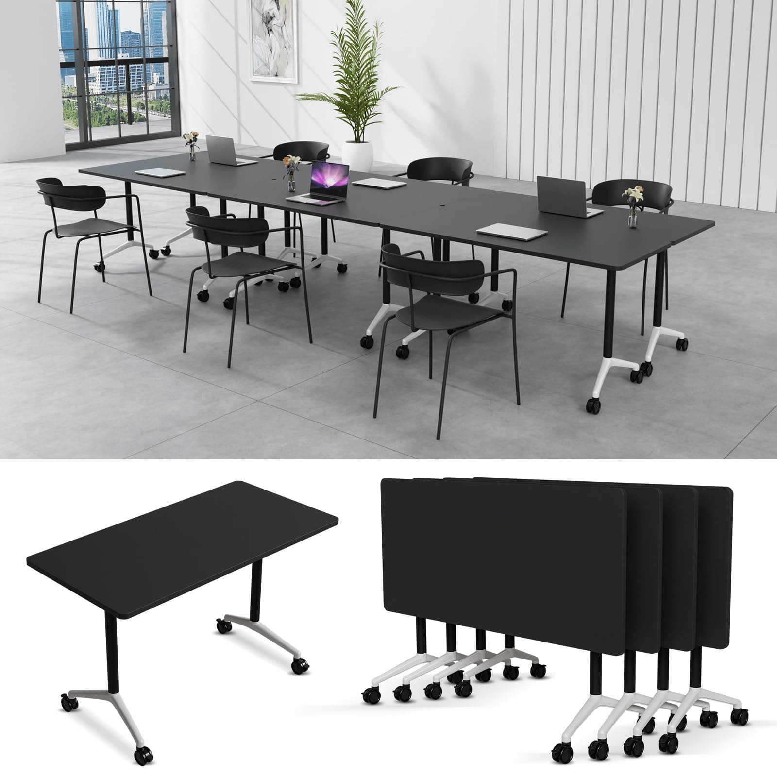 6-8 Person Conference Table Folding Conference Table for Office、Training, Seminar,Schools Modern Wood Conference Meeting Room Table Large Rectangular Conference Room Tables (6, Black-2, 47in)