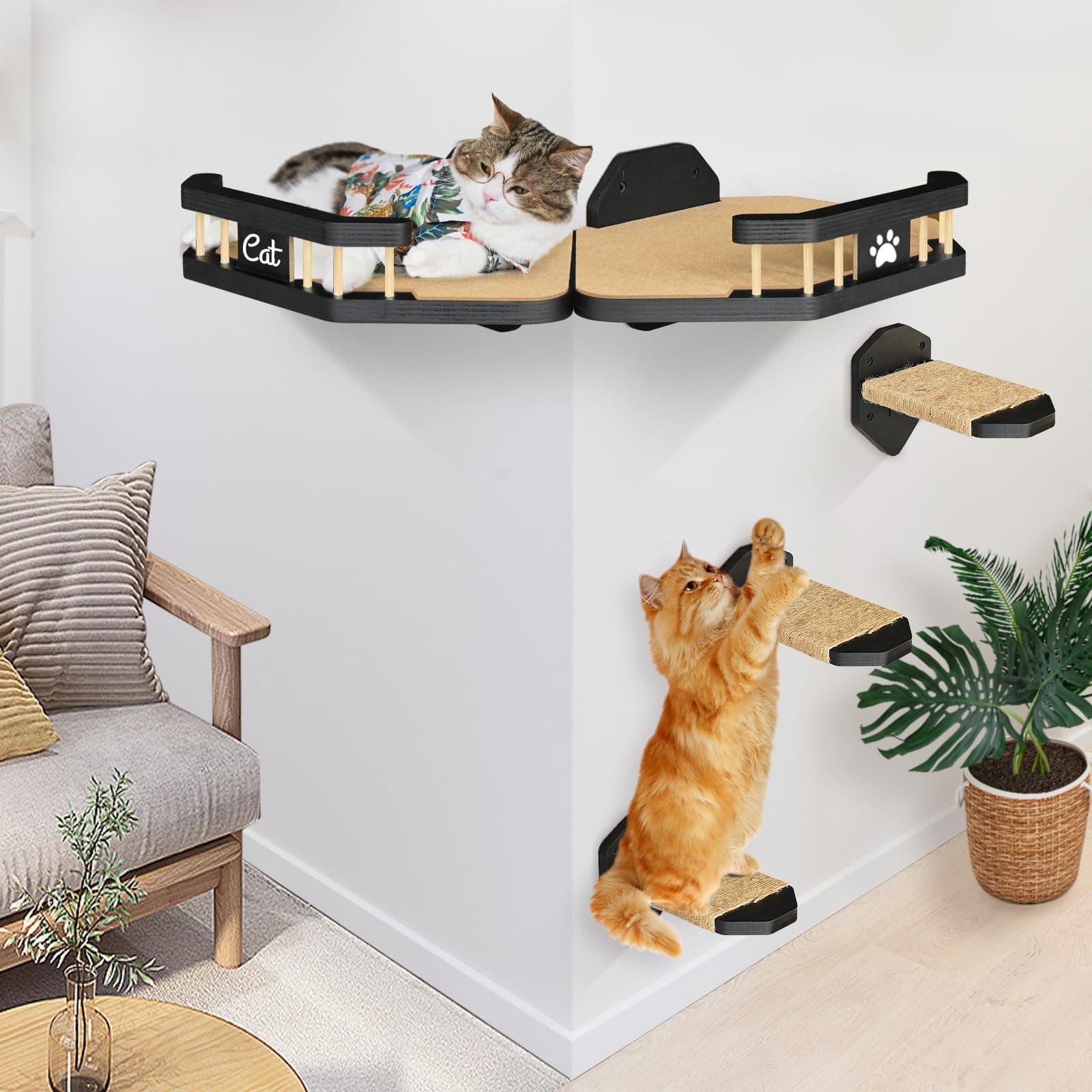 Wall-Mounted Cat Shelves & Perches - 2PCS with 3 Steps & Scratching Pad, Fits Cats Up to 15Lbs - Wood Hammock (Black)