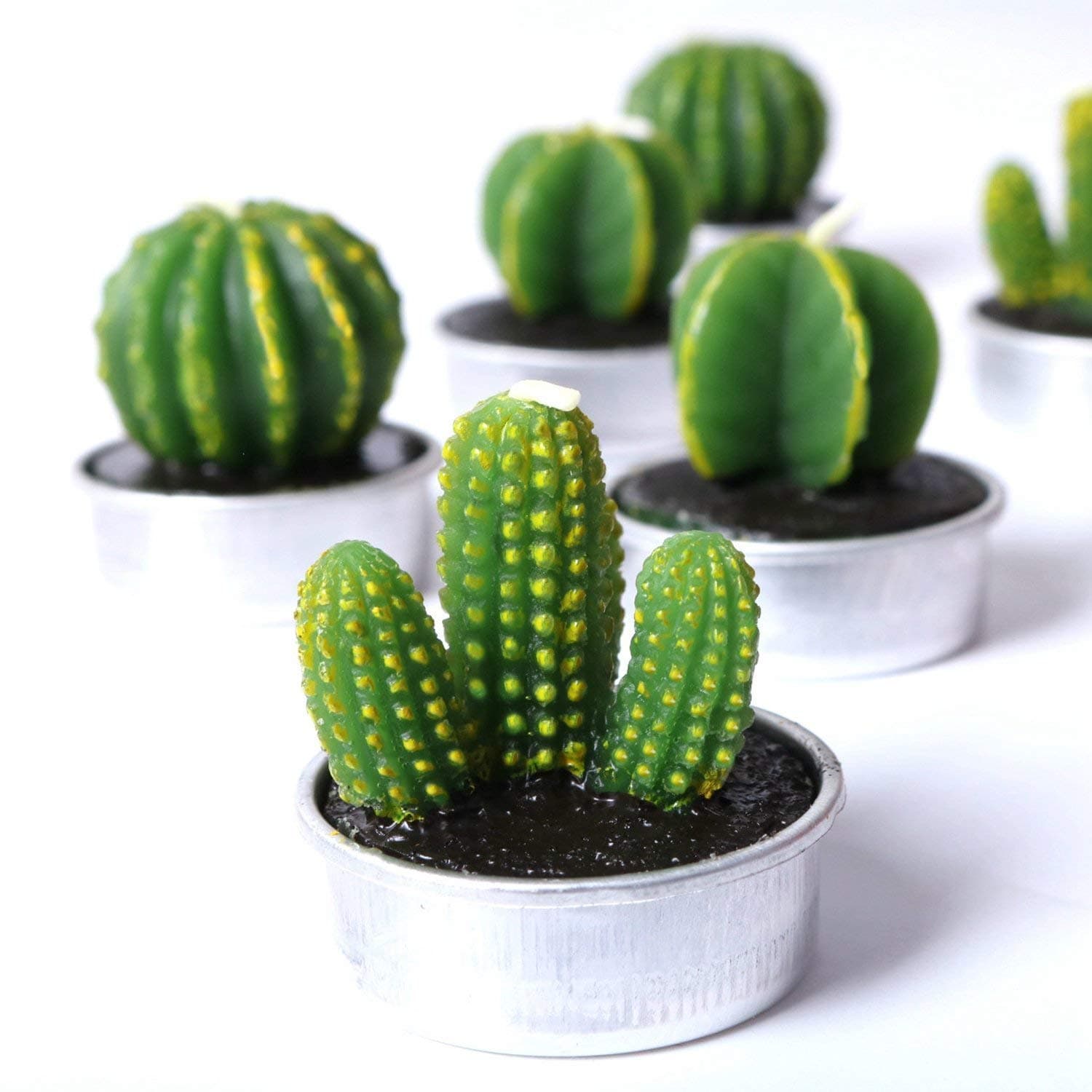 COCOMOON Cactus Tea Light Candles, 6 Pcs Decorative Candles with Artificial Succulents, Unscented, 30 min Burn Time, Modern Design, Perfect for Home Decor, Party, Wedding