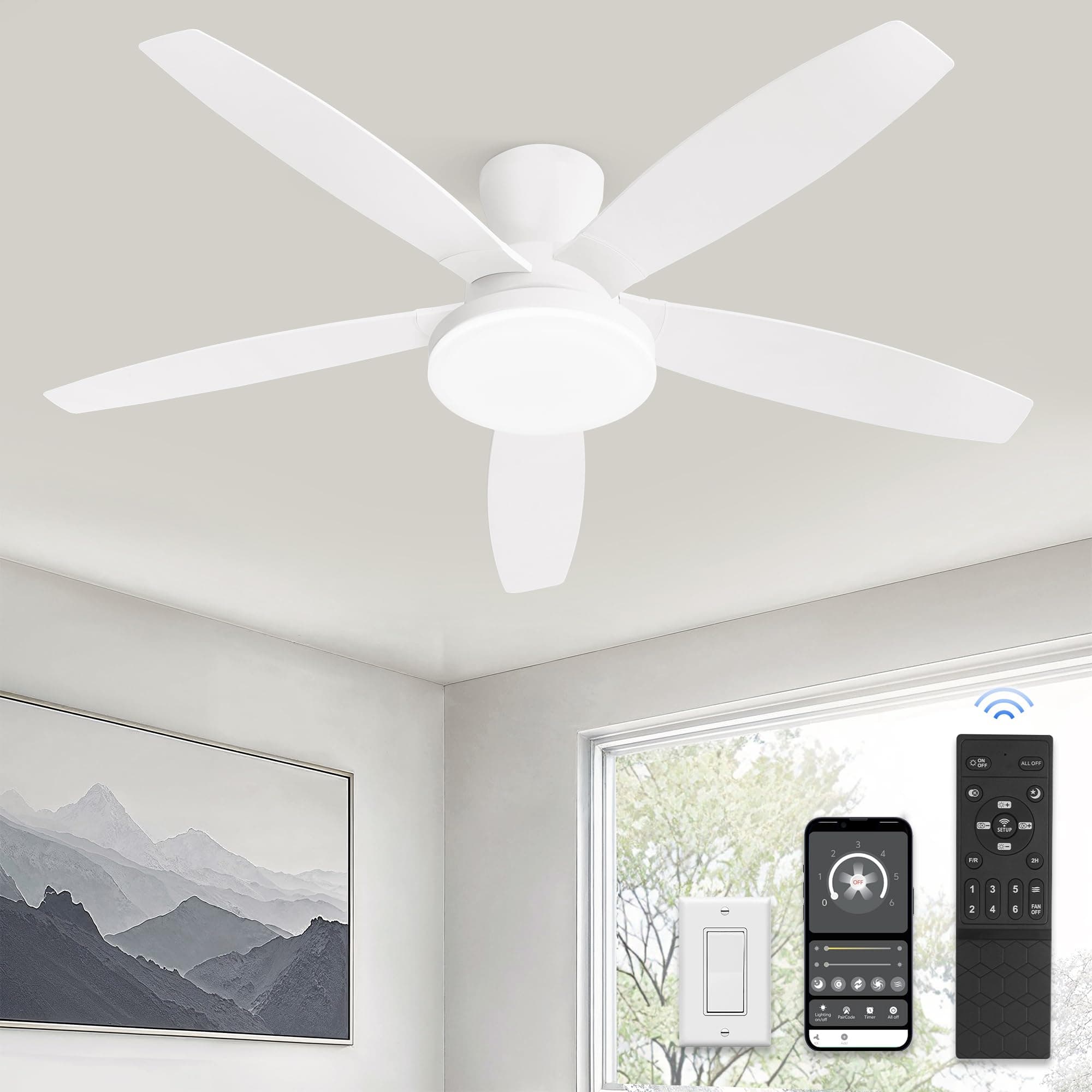 48 inch Ceiling Fans with Lights and Remote/APP Control,White Low Profile Ceiling Fan with Light,Quiet DC Motor,LED Dimmable, Modern Flush Mount Ceiling Fan for Bedroom Indoor/Outdoor Patio