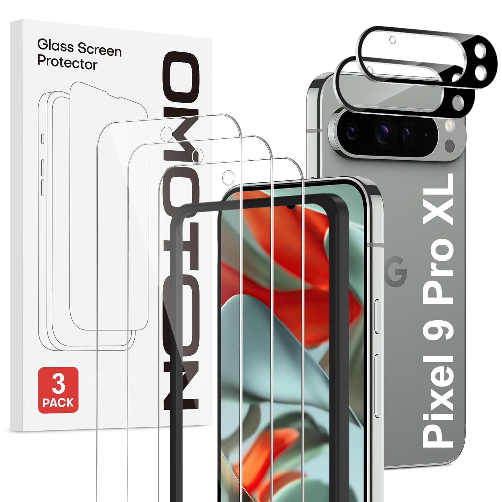 OMOTON 3+2 Pack Screen Protector for Google Pixel 9 Pro XL, 3 Pack Tempered Glass for Pixel 9 Pro XL & 2 Pack Camera Lens Protector, Support Fingerprint Unlock, Easy Installation, Case Friendly