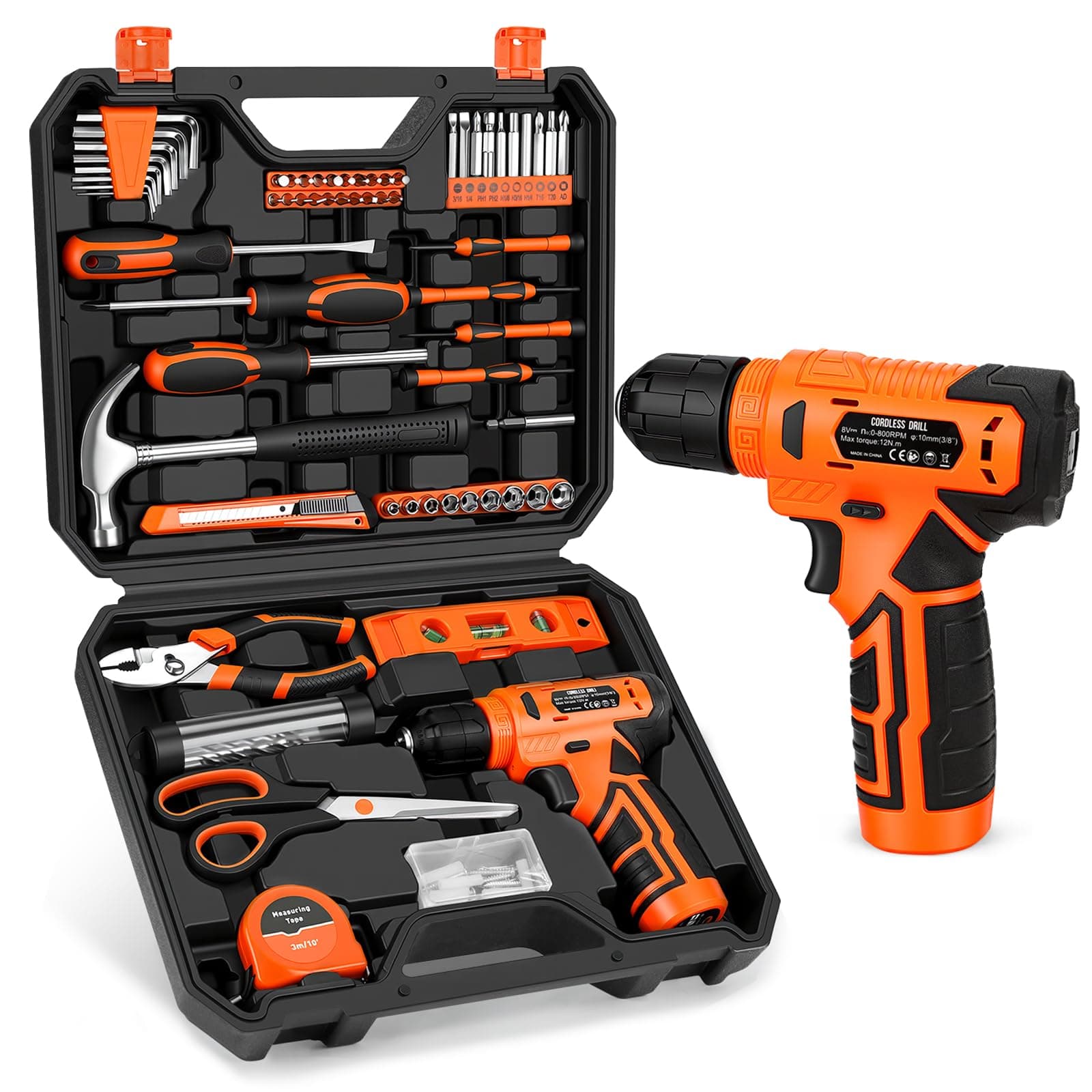 139-Piece Tool Set - Tool Kit with 8V Cordless Drill Driver in ToolBox Storage Case, General Household Drill Set for Home Repairs, Handyman, DIY Projects