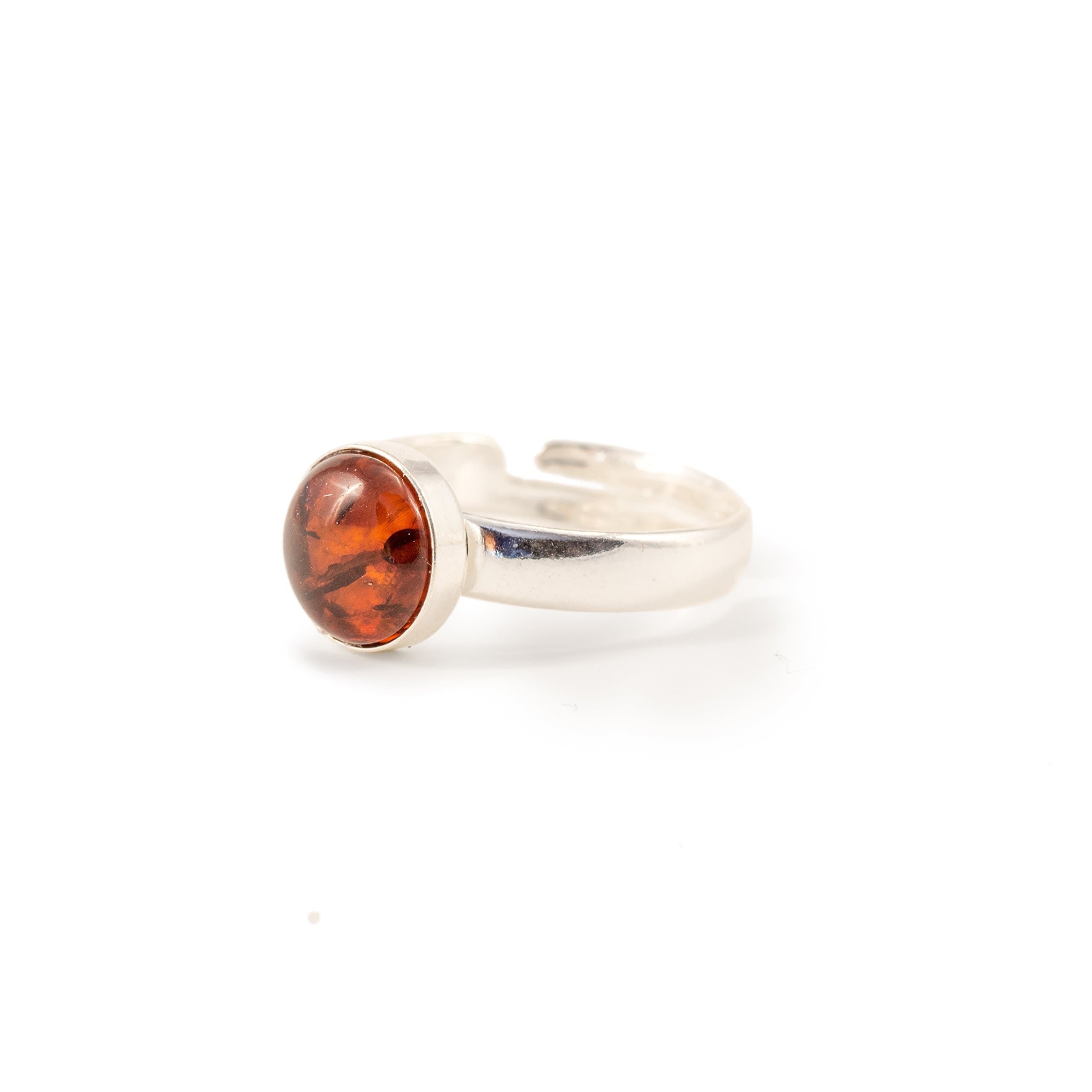 Amber Ring in Sterling Silver, Adjustable size, 8 mm Natural Gemstone