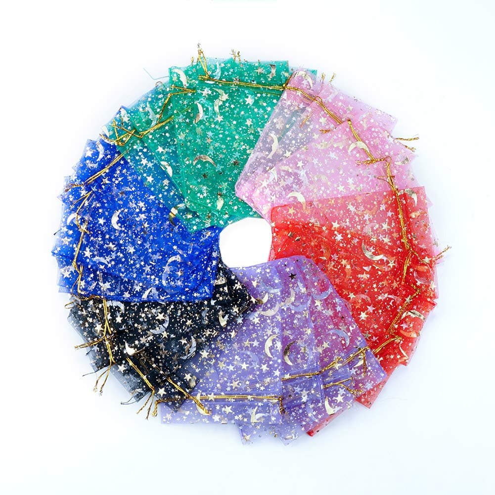 SumDirect 120 Pcs 3.5x4.7 inches Mixed Color Drawstring Organza Bags Candy Bags Gift Bags Pouches with Gold Star Moon Print for Wedding Party Valentine's Day (Mixed Color)