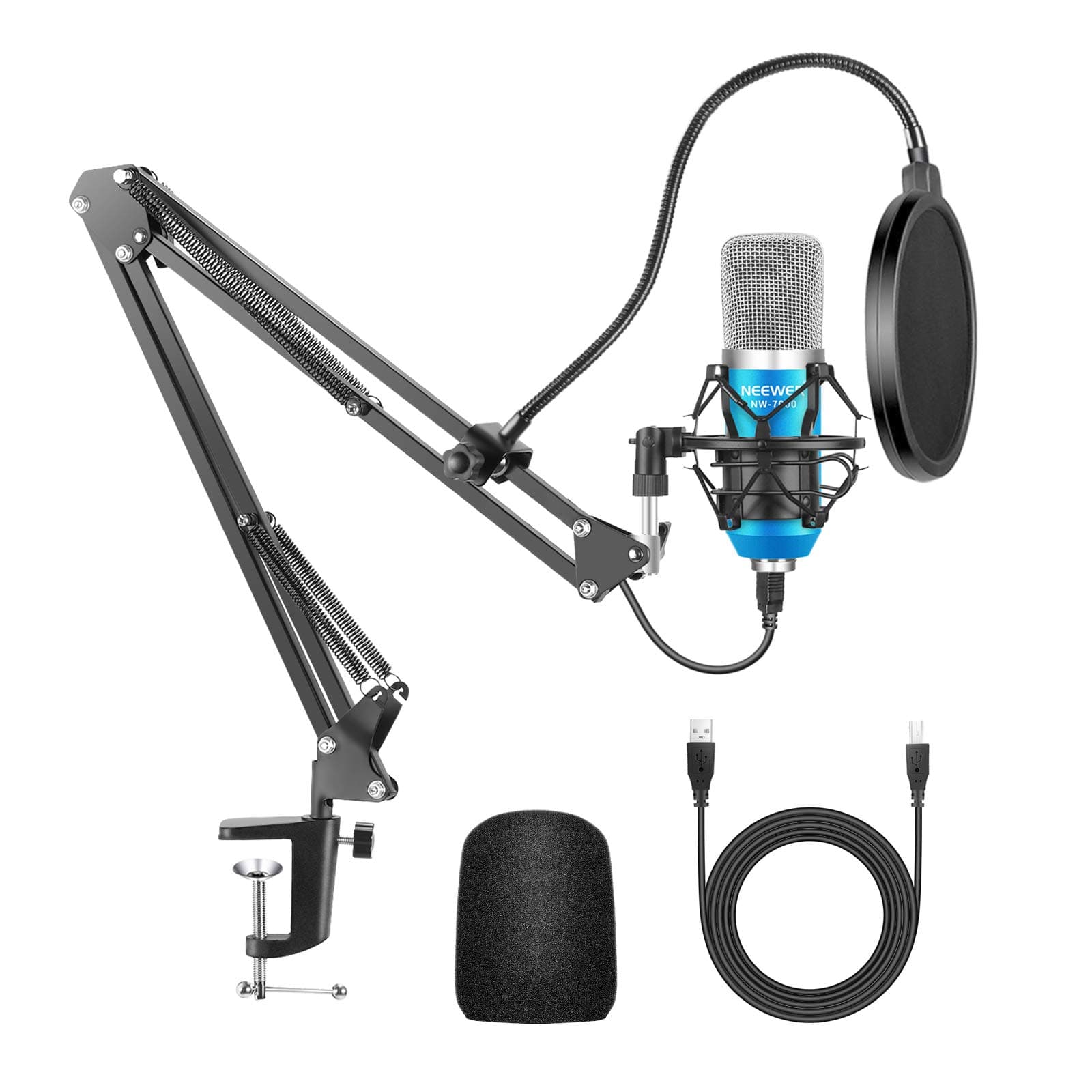 USB Microphone for Windows/Mac with Scissor Arm Stand, Shock Mount, USB Cable and Table Mount Kit for Broadcasting and Sound Recording (Blue and Silver)