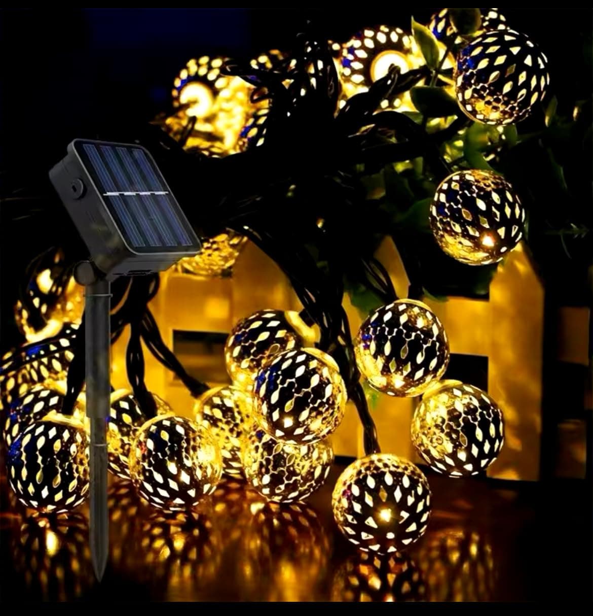 Blue Coral Solar Light Outdoor Moroccan String 30 LED Globe Garden Hanging Lamp Decorative For Party Wedding Christmas Decor Holiday Lighting (Silver-Warm Light)