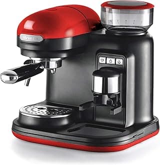 Ariete 1318 Modern Espresso machine with Intergrated Grinder by Delonghi, For Coffee Beans and Powder, Cappuccinatore Latte, Filter 1 and 2 Cups, 1080 W, Red -2 years Warranty