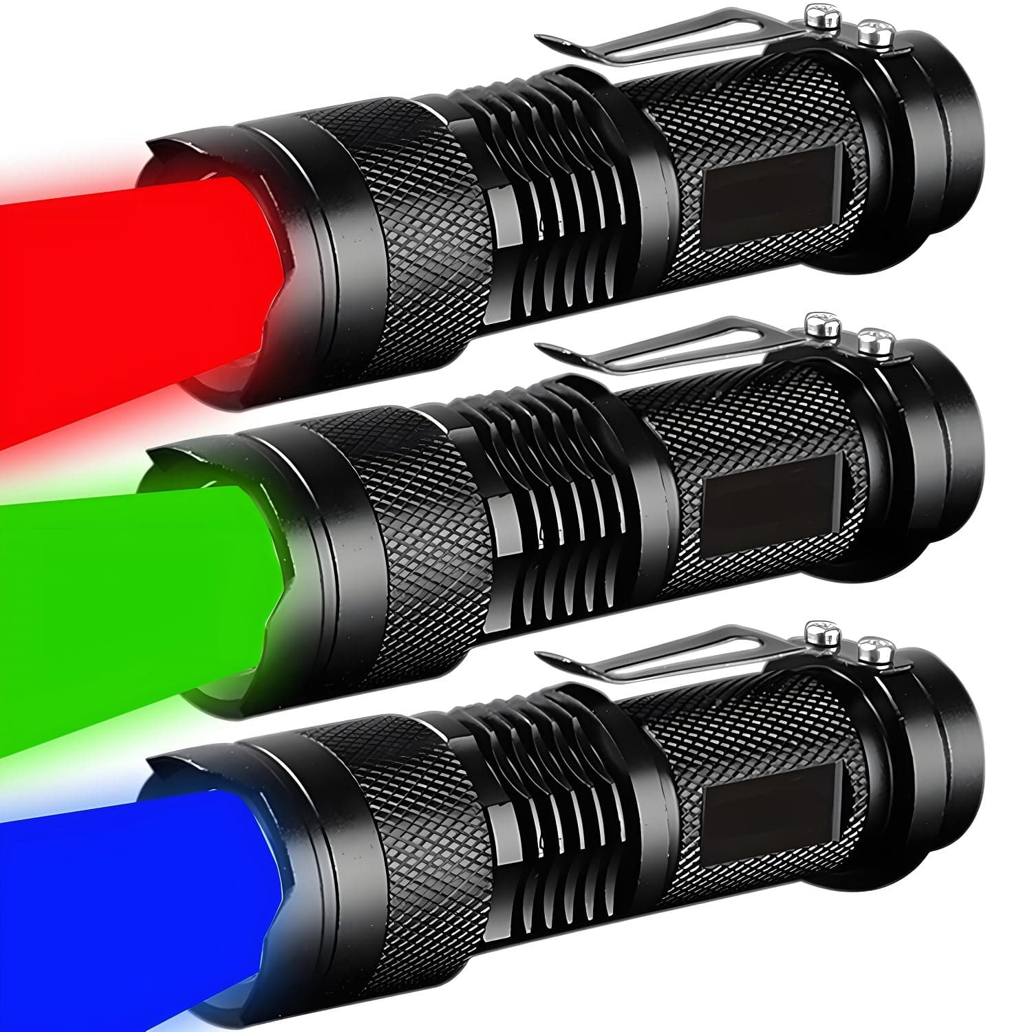 MVIOCS 3 Pack Red Green Blue Light Bright Small Flashlights, LED Mini Flashlight High Lumens Pen Light with Zoomable Torch, 3 Modes, Clip, for Camping, Outdoor, Emergency