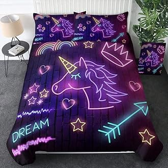 Sleepwish Unicorn Queen Bedding Set Neon Unicorn Bed Set for Kids Girls Boys 3 Piece Purple Turquoise Pink Unicorn Bedspread (Queen)