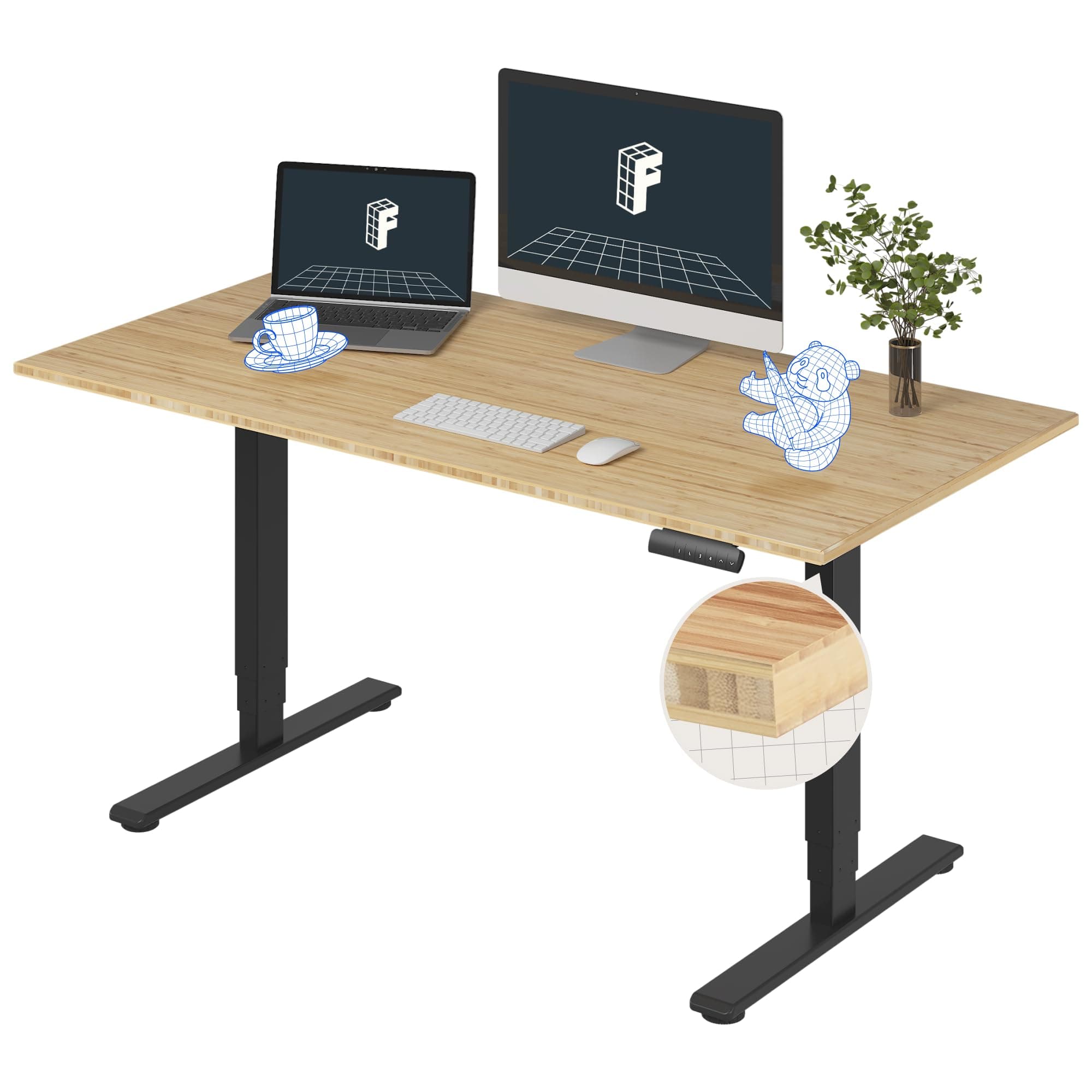 FLEXISPOT E6 Essential Bamboo 3 Stages Dual Motor 60x30 Inch Electric Height Adjustable Standing Whole-Piece Board Desk Sit Stand Up Desk (Black Frame + Bamboo Desktop)