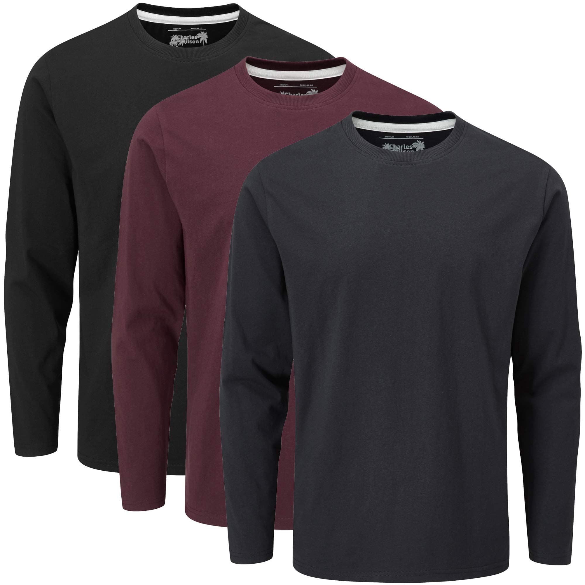 Charles Wilson 3 Pack Long Sleeved Plain Crew Neck T-Shirt
